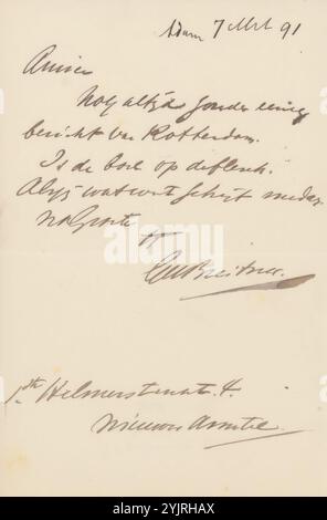 Letter to Jan Veth, printed, writer: George Hendrik Breitner, Nieuwer-Amstel, 7-Mar-1891, paper ink, writing, pen, Subject, Rotterdam, Jan Veth Stock Photo