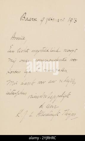 Letter to Jan Veth, printed, writer: Karel Johan Lodewijk Alberdingk Thijm, Baarn, 9-Feb-1913, paper ink, writing, pen, diseases, Jan Veth Stock Photo