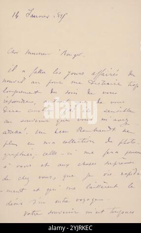 Letter to Andries Bonger, printed, writer: Odilon Redon, Paris, 14-jan-1895, paper ink, writing, pen, photography, cinematography, music, painting (including book-illumination, miniature-painting), the graphic arts, money, art collecting, Paris, Andries Bonger, Rembrandt van Rijn, César Franck, Eugène Delacroix Stock Photo