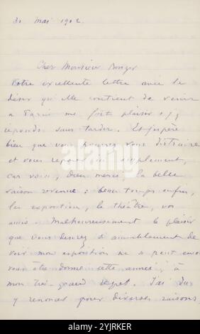 Letter to Andries Bonger, printed, writer: Odilon Redon, Paris, 30-Dec-1901, lined paper ink, writing, pen, exhibition, art, the arts of the stage: ballet, theatre, musical drama, motion picture, diseases, painting (including book-illumination, miniature-painting), drawing, Paris, Amsterdam, Andries Bonger, Arï Redon, Kunsthandel Durand Ruel, Anne Marie Louise van der Linden, Camille Redon-Falte Stock Photo