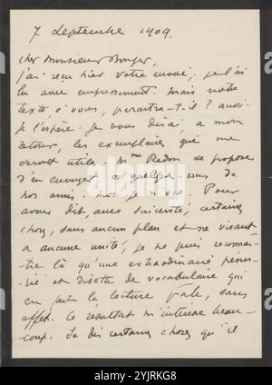 Letter to Andries Bonger, printed, writer: Odilon Redon, Clarens (Switzerland), 7-Sep-1909, paper ink, writing, pen, printed matter, literature, arts, diseases, applied arts, arts and crafts, industrial design, Clarens (Switzerland), Andries Bonger, Elsevier's Geïllustreerd Maandschrift, Honoré de Balzac, William Shakespeare, Jean Baptiste Poquelin Molière, Rembrandt van Rijn, Gustave Fayet, Paul Cézanne Stock Photo