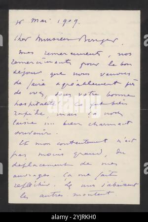 Letter to Andries Bonger, printed, writer: Odilon Redon, Paris, May 15, 1909, paper ink, writing, pen, painting (including book-illumination, miniature-painting), sculpture, printed matter, diseases, Amsterdam, Italy, Andries Bonger, Camille Redon-Falte, Rembrandt van Rijn, Johanna Bonger Stock Photo