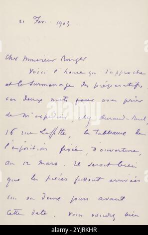 Letter to Andries Bonger, printed, writer: Odilon Redon, Paris, 21-Feb-1903, paper ink, writing, pen, painting (including book-illumination, miniature-painting), exhibition, art, drawing, printed matter, Vienna, Andries Bonger, Kunsthandel Durand Ruel, Gabriel Mourey, Émile Bernard Stock Photo