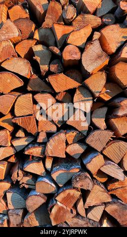 Stacked firewood photographed in the countryside on the evening sun. Stock Photo