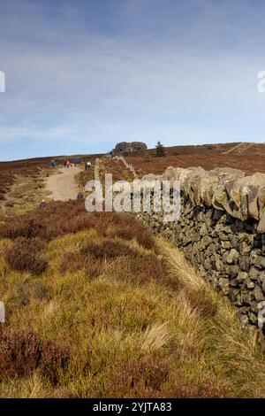 Walkers on the path to the Jubillee Tower, Moel Famau, in the Clwydian Range, North Wales Stock Photo