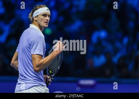 Turin, Italien. 15th Nov, 2024. Alexander Zverev of Germany celebrates during Men's Singles Group Stage match against Carlos Alcaraz of Spain on six four of the Nitto ATP Finals 2024 at Inalpi Arena Credit: dpa/Alamy Live News Stock Photo