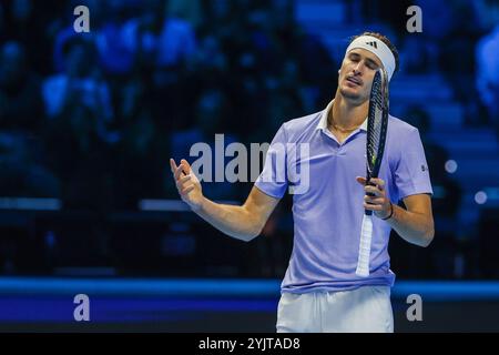 Turin, Italien. 15th Nov, 2024. Alexander Zverev of Germany reacts during Men's Singles Group Stage match against Carlos Alcaraz of Spain on six four of the Nitto ATP Finals 2024 at Inalpi Arena Credit: dpa/Alamy Live News Stock Photo