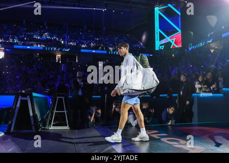 Turin, Italien. 15th Nov, 2024. Carlos Alcaraz of Spain seen during Men's Singles Group Stage match against Alexander Zverev of Germany on six four of the Nitto ATP Finals 2024 at Inalpi Arena Credit: dpa/Alamy Live News Stock Photo