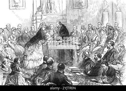 Men and women in ceremonial livery robes, holding a communicators sign ...