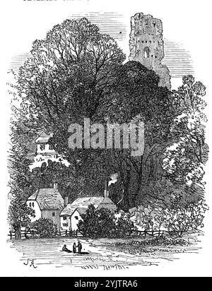 Bramber Castle, Sussex, 1872. 'Bramber Castle, near Steyning, is a little further from Brighton than Lewes, but in the opposite direction. This Norman fortress, on the site of a palace of the South Saxon kings, was designed to command the passage to or from the seacoast along the river Adur - as Lewes Castle was intended to shut the valley of the Ouse, and Arundel that of the Arun. It is probable that the Norman conquerors fortified this strip of the Sussex coast with a view to holding it, in case of need, against an insurrection of the inland English, and thereby securing their communications Stock Photo