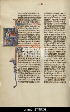 Initial S: Children and an Alchemist at a Bedside and Children and Elders before a Judge; Vidal Mayor, about 1290-1310. Additional info: In 1247, with the reconquest of Spain from the Muslim forces virtually complete, King James I of Aragon and Catalonia, Spain, decided to establish a new systematic code of law for his kingdom. He entrusted the task to Vidal de Canellas, bishop of Huesca. The manuscript, the only known copy of the law code still in existence, is a translation of Vidal de Canellas's Latin text into the vernacular Navarro-Aragonese language (in that language, the book is called Stock Photo