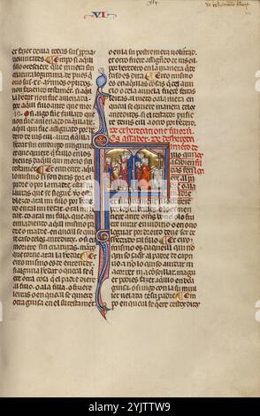 Initial F: Three Men and a Child before a Judge and Three Men and a Child before an Altar; Vidal Mayor, about 1290-1310. Additional info: In 1247, with the reconquest of Spain from the Muslim forces virtually complete, King James I of Aragon and Catalonia, Spain, decided to establish a new systematic code of law for his kingdom. He entrusted the task to Vidal de Canellas, bishop of Huesca. The manuscript, the only known copy of the law code still in existence, is a translation of Vidal de Canellas's Latin text into the vernacular Navarro-Aragonese language (in that language, the book is called Stock Photo