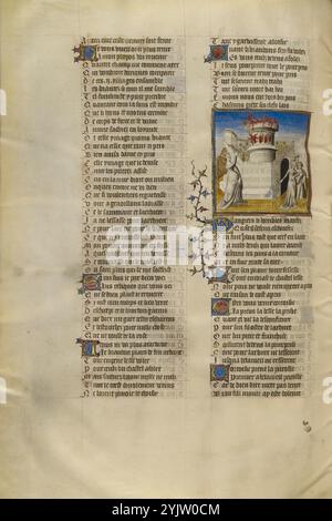 Venus Kindling a Fire in the Castle from which the Personifications of Shame, Anxiety, and Resistance Depart; Roman de la Rose, about 1405.  Additional Info: This last miniature of the Romance of the Rose shows the final battle for the tower where the rose is kept under guard. The lover enlists the aid of Venus, the goddess of love, who shoots a flaming arrow to set the building on fire. In the image, Venus, winged and crowned, gestures in triumph to the flaming tower. To the right, the rose's vigilant guardians, Danger, Fear, and Shame, abandon their posts in defeat, throwing down their keys Stock Photo