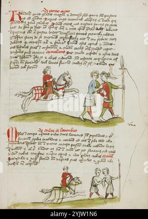 A Horseman and Two Robbers; Fables: Exemplum de Tribus Latronibus: Defensio Curatorum Adversus Fratres Mendicantes, 1357: De Balsamo (Ch. 7 of De Mirabilibus): homilies on the Gospel of Luke: De septem sacramentis: and others, third quarter of 15th century. Stock Photo