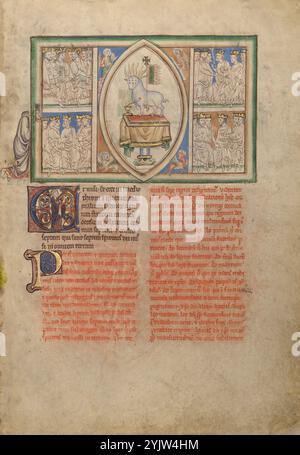 The Vision of the Lamb in the Midst of the Four Living Creatures and the Twenty-Four Elders; Dyson Perrins Apocalypse, about 1255-1260.  Additional Info: Saint John next envisions &quot;a Lamb standing as if it were slain, having seven horns and seven eyes which are the seven spirits of the God, sent forth into all the earth.&quot; (Apocalypse 5:6) The wound seen in the lamb's side recalls the wound that Jesus suffered in his side during the Crucifixion, linking the lamb to the crucified Christ. By depicting the lamb on an altar whose blood flows into a chalice, the illuminator further suggest Stock Photo