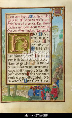 Border with Joseph Being Sold by His Brothers; Prayer Book of Cardinal Albrecht of Brandenburg, about 1525-1530.  Additional Info: Passing merchants pull the young Joseph from the well into which his jealous brothers had thrown him to get rid of him. Though they mercifully free Joseph from the well, the merchants rescue him only to sell him into slavery. Laden camels wait nearby to transport him to Egypt. Simon Bening paired the story of Joseph's betrayal by his brothers with Judas's betrayal of Christ on the facing page. Stock Photo