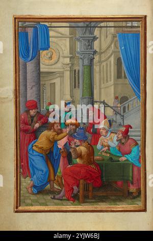 Judas Receiving the Thirty Pieces of Silver; Prayer Book of Cardinal Albrecht of Brandenburg, about 1525-1530.  Additional Info: Judas Iscariot, dressed in blue and yellow robes at the left, secretly meets with the chief priests to name his price for delivering Christ into their hands. Clutching the bag in which he will keep his ill-earned money, Judas emphatically points upward as if attempting to drive the price higher. One of the priests at the table begins to move the silver coins toward the center while another impassively counts out the amount on his fingers. Simon Bening decided to port Stock Photo