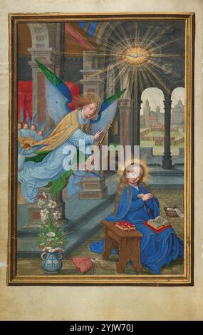 The Annunciation; Prayer Book of Cardinal Albrecht of Brandenburg, about 1525-1530.  Additional Info: Seated on a low stool with her arms folded in a gesture of humility, the Virgin gazes piously at a prayer book opened on her lap. Into this quiet scene of domestic tranquility enters the angel Gabriel to tell Mary that she will bear the son of God. Floating in the air, suspended between heaven and earth, Gabriel points up toward the light of the Holy Spirit, which fills the room with divine illumination. Thus Simon Bening movingly and masterfully represented God taking on human flesh and the r Stock Photo