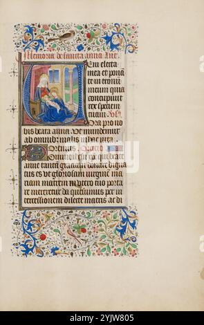 Initial V: The Virgin and Child with Saint Anne; Llangattock Hours, 1450s. Additional info: This finely illustrated book of hours takes its name from the Baron Llangattock, who owned the book in the 1900s. The manuscript is of particular interest because a number of its miniatures are closely related to compositions by the celebrated panel painter Jan van Eyck. The influence of van Eyck's style is most clearly seen in the manuscript's fourteen full-page miniatures. A full-page miniature opens each of the book's major texts, with eight devoted to the Hours of the Virgin, the most important sect Stock Photo