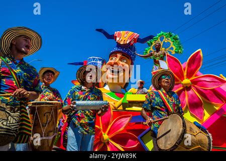 Afro-Colombian musicians perform during the Batalla de Flores, the major parade of the Carnival in Barranquilla, Colombia. Stock Photo