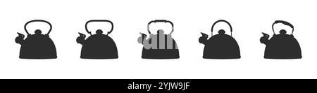 Black teapots set. A collection of teapot outlines. Brewers vector. Ceramic teapots. Metal teapots. Tea party logo. Style of tea ceremonies. Stock Vector