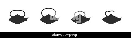 Black teapots set. A collection of teapot outlines. Brewers vector. Ceramic teapots. Metal teapots. Tea party logo. Style of tea ceremonies. Stock Vector