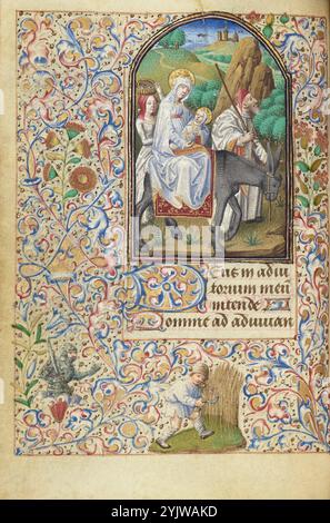 The Flight into Egypt; Hours of Simon de Varie, 1455.  Additional Info: In this miniature depicting the Flight into Egypt, the Virgin, baby Jesus, Joseph, and a female attendant escape to Egypt to elude Herod's soldiers, who search for Jesus to kill him. The artist squeezes the figures into the foreground, while a deep vista unfolds behind them. The long path winding back in space conveys a suggestion of their long journey. In the border, the illuminator included a figure cutting wheat and a soldier, referring to the Miracle of the Wheat Field, an apocryphal story about the soldiers' unsuccess Stock Photo