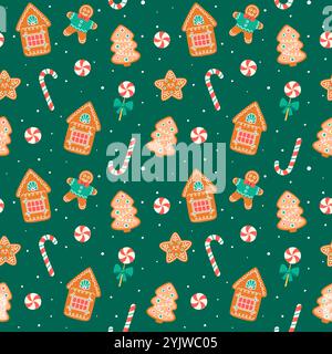 Cute Christmas sweets pattern seamless vector illustration. Lollipop candy, gingerbread cookies, gingerman. Xmas desserts pattern. Stock Vector