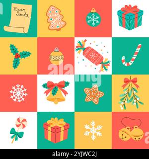 Cute Christmas tile pattern seamless vector illustration. Colorful festive Xmas background with simple holiday elements, ornaments and symbols for Dec Stock Vector