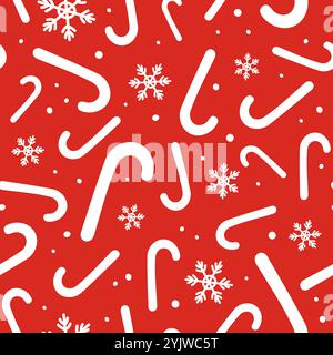 Cute Christmas pattern seamless vector illustration. Candy cane and snowlakes pattern red and white colors. Candy silhouettes. Festiive sweet Xmas hol Stock Vector