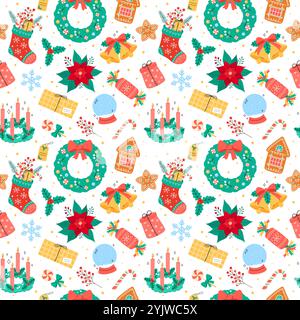 Cute Christmas pattern seamless vector illustration. Colorful festive Xmas background with simple holiday elements, ornaments and symbols for December Stock Vector