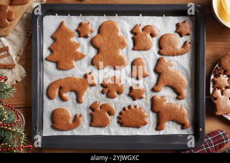 Freshly baked homemade gingerbread Christmas cookies brushed with egg for shine, top view Stock Photo