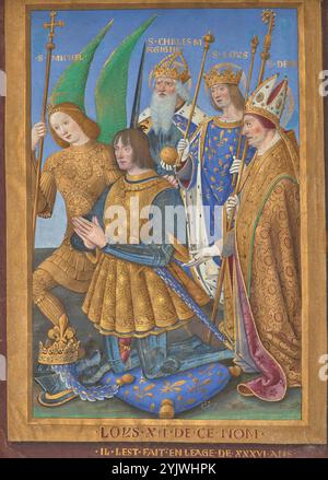 Louis XII of France Kneeling in Prayer, Accompanied by Saints Michael, Charlemagne, Louis, and Denis, 1498/1499.  Additional Info: This leaf with its stirring portrait of Louis XII would originally have opened a lavish book of hours court artist Jean Bourdichon painted for him. The depiction of the king in his parade armor probably celebrates his recent coronation in 1498, and reflects an official image of the new king. Louis is presented (from left to right) by a number of royal saints: Saint Michael, the patron saint of the royal chivalric order; Saint Charlemagne, from whom the French kings Stock Photo