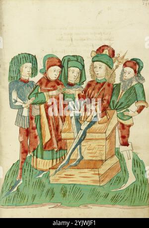 Barochias is Enthroned as King and Receives the Royal Ring; Barlaam und Josaphat, 1469. Illustration from &quot;Barlaam und Josaphat&quot;, a romance in verse, by Rudolf von Ems. Barlaam and Josaphat, also known as Bilawhar and Budhasaf, were Christian saints whose story was based on the life of the Gautama Buddha. According to the legend, an Indian king persecuted the Christian Church in his realm. After astrologers predicted that his own son would some day become a Christian, the king imprisoned the young prince Josaphat, who nevertheless met the hermit Saint Barlaam and converted to Christi Stock Photo