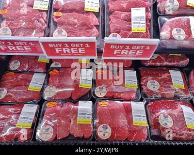 Houston, Texas USA 06-02-2024: Sirloin steak beef packages in meat section butcher supermarket. Stock Photo