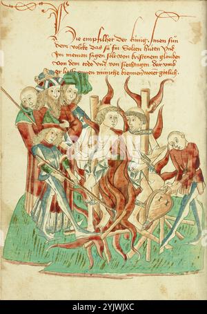 King Avenir Ordering the Burning of Two Monks in the Presence of his Son Josaphat; Barlaam und Josaphat, 1469. Illustration from "Barlaam und Josaphat", a romance in verse, by Rudolf von Ems. Barlaam and Josaphat, also known as Bilawhar and Budhasaf, were Christian saints whose story was based on the life of the Gautama Buddha. According to the legend, an Indian king persecuted the Christian Church in his realm. After astrologers predicted that his own son would some day become a Christian, the king imprisoned the young prince Josaphat, who nevertheless met the hermit Saint Barlaam a Stock Photo