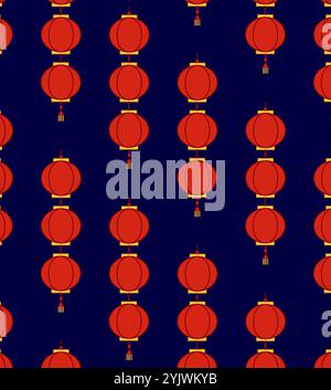 Asian red lanterns seamless pattern. Vector graphic illustration on dark transparent background. Happy Chinese New year Stock Vector