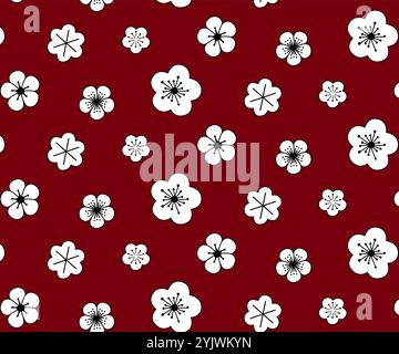 White flowers on dark red background. Seamless vector graphic pattern. Black and white pattern with filigree flowers. Vector illustration Stock Vector