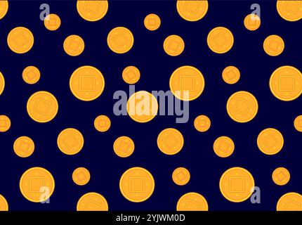 Vector illustration Flying golden chinese abstract coins with hand drawn graphic texture isolated on dark background. Seamless vector ornament pattern Stock Vector