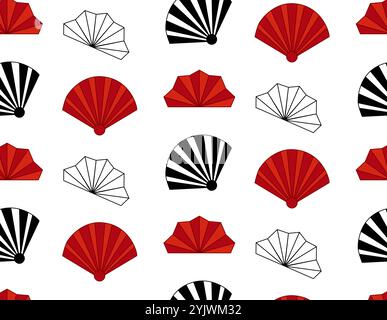 asian folding paper fans seamless pattern vector illustration. Asian hand fan. Traditional fan red and black and white on transparent background, pape Stock Vector