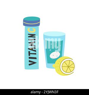 Effervescent soluble tablet pills whit vitamin C. Hand-drawn vector illustration isolated on white background Stock Vector