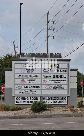 Houston, Texas USA 07-04-2023: Local business signs Willowbrook Plaza shopping center advertising signage. Stock Photo