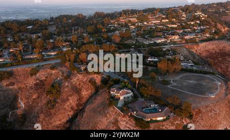 Sunset view of the Portuguese Bend neighborhood of Rancho Palos Verdes, California, USA, where landslides are eroding the slopes. Stock Photo