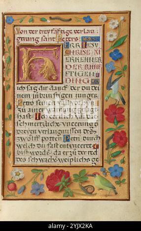 Decorated Text Page; Prayer Book of Cardinal Albrecht of Brandenburg, about 1525-1530.  Additional Info:Facing the dramatically powerful image of the Denial of Saint Peter, this page contains a meditational text. Like the facing image, the text focuses on the portion of the Passion narrative in which Peter denies three times that he knows Jesus. An   H in the form of a broken branch introduces the beginning of the German text,   Herr Iesu Chris[t]e  (The Lord Jesus Christ). Various plants, flowers, birds, and insects occupy the border, which completely surrounds the text. The artist's skillful Stock Photo