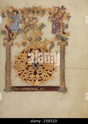 Decorated Initial D; Sacramentary, first quarter of 11th century.  Additional Info:This page contains the first line of a prayer for Easter. The initial letter, a D in the round shape of the uncial script, occupies most of the page and supports a growth of dynamic interlace that winds around the letter. After the initial   D , the first line of text continues in gold on a bar at the bottom of the page:   D[eu]s qui hodierna die  (O God, who on this day). An exuberant gold vine with silver leaves springs from a pair of twisted columns flanking the large initial. Two figures, who bear no themati Stock Photo