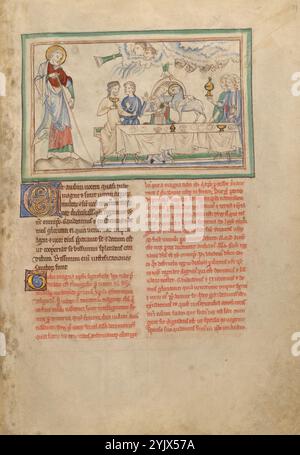 The Marriage of the Lamb; Dyson Perrins Apocalypse, about 1255-1260.  Additional Info:The marriage of the Lamb in the Apocalypse is usually interpreted as a celebration of the perfect union between Christ the Lamb and the Church his bride. This artist represented the scene as a medieval marriage ceremony with the bride depicted as a beautiful young woman. The illuminator took some details directly from the text, such as the bride's clothing, &quot;glittering and white,&quot; but he also added details not mentioned, such as the white cloth over the couple's heads and the large ring that the Lam Stock Photo