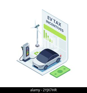 Isometric Electric Vehicle or EV Car at Charging Station on tax Incentive Document. Electric Vehicle or EV Car Tax Incentive Concept Stock Vector