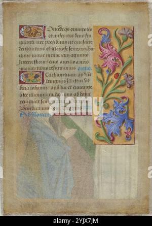 Decorated Text Page, 1498-1499.  Additional Info:This leaf depicting the Presentation in the Temple originally comes from a manuscript known as the Hours of Louis XII. Mary is seen in half-length, situated at the front of the space, close to the viewer. We seem to peer over her shoulder at the scene of the presentation of her infant son at the altar of the priest Simeon. The purpose of compositions such as this one--which were increasingly popular in the second half of the 1400s, was to bring viewers physically closer to the narrative and actively engage them in the event being portrayed. The Stock Photo