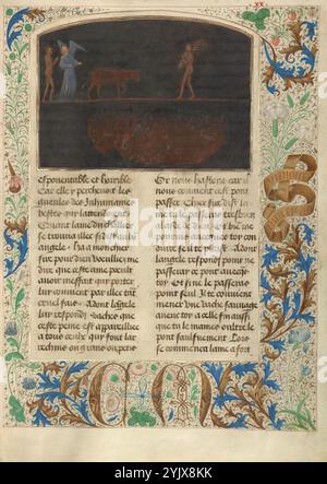 The Torment of Thieves: Tondal Leads a Cow Across a Nail-studded Bridge; Les Visions du chevalier Tondal, 1475.  Additional Info:In the part of hell reserved for thieves, Tondal must lead a cow over a narrow bridge in penance for once having stolen a cow from a friend. At the midpoint of the bridge, which is only as wide as his hand and studded with sharp iron nails, Tondal encounters another sinner carrying sheaves of wheat. Miraculously, Tondal and the man pass each other and make it across, completing their penance without falling into the pit of demons below. Stock Photo