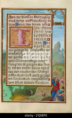 Border with the Sacrifice of Isaac; Prayer Book of Cardinal Albrecht of Brandenburg, about 1525-1530.  Additional Info:A rubric in red ink introduces the contents of the reading: Von der blossen kre&#xfc;tzigu[n]g und hoher auffhenckung an das Creutz des herren Iesu  (Of the stark Crucifixion and the hanging of Lord Jesus high on the cross). The fact that the prayer book is written in German rather than Latin reflects the increasing acceptance of the vernacular as an appropriate language for texts, both literary and sacred. The words on a small hanging sign to the right identify the biblical p Stock Photo